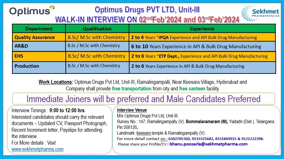 Optimus Drugs Pvt. Ltd - Walk-In Drive for QA, Production, AR&D, EHS on 2nd & 3rd Feb 2024
